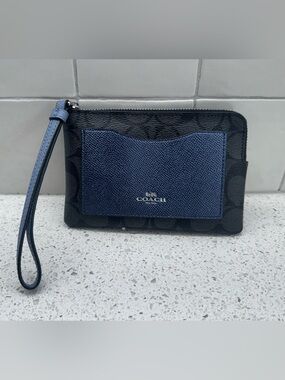 Coach Black Logo Leather Wristlet with Blue Front Card/ID Pocket